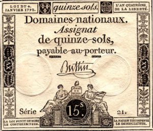 Assignat de 15 sols créé par la loi du 4 janvier 1792 (photo assignat.fr)