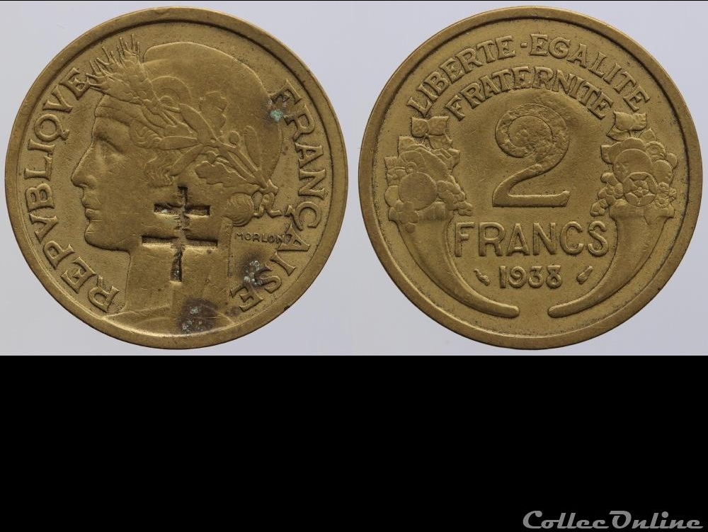 2 francs 1938 contremarquée - photo Collec Online
