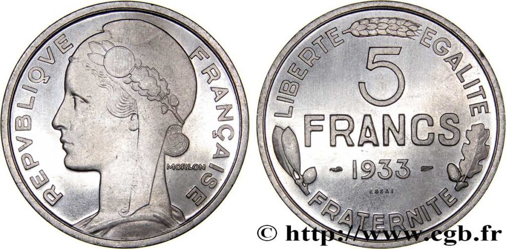 5 Francs 1933 - Essai d'Alexandre Morlon (Photo CGB)
