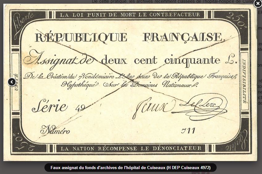 Faux assignat de 250 livres (photo archives départementales de Saône et Loire)