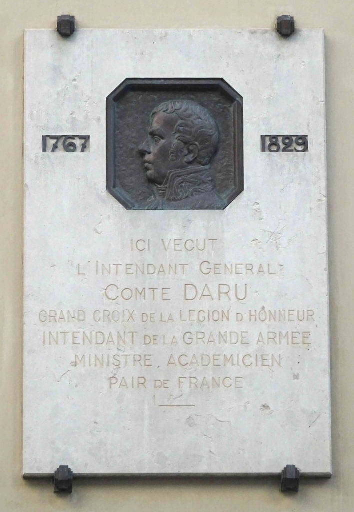 Plaque Intendant Général Comte DARU (posée en 1933 - 31 rue de Grenelle à Paris)