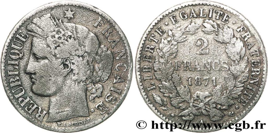 Fausse pièce de 2 francs 1871 en plomb (photo cgb.fr)
