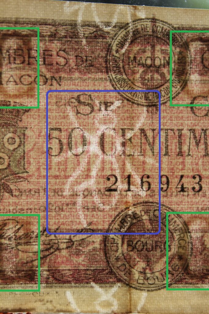 Chambre de Commerce de Mâcon - Détails du filigrane sur une coupure de 50 centimes de la série Crt