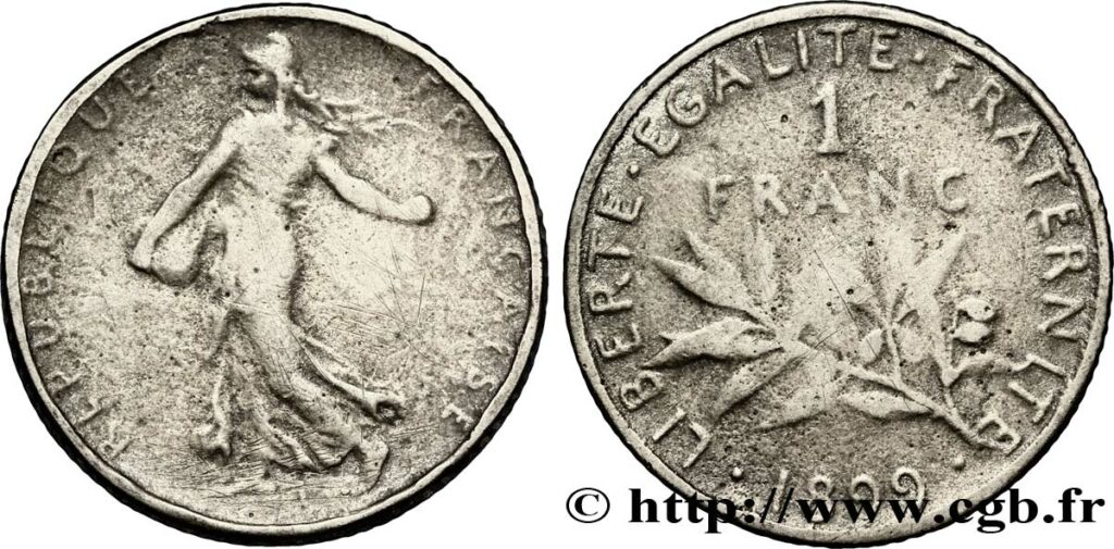 Fausse pièce de 1 franc 1899 (photo cbg.fr)